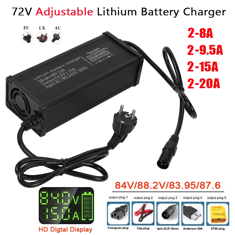 72V 15A Fast Charger - Carregador de Bateria de Lítio Ajustável